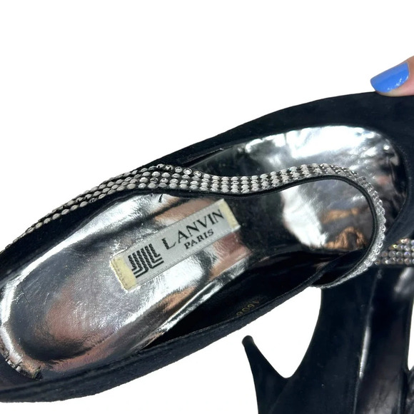 Lanvin Paris Vintage Black Satin Suede Rhinestone Band Bumps Size 35‎ / US 5 - Picture 7 of 8